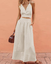 Lace-up Crop Tank Long Pants Sets